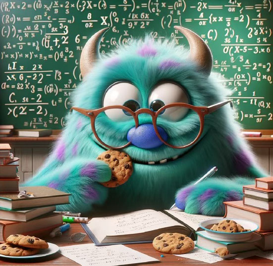 A smartly dressed cookie monster, the picture clue for the puzzle Smart Cookie Monster.